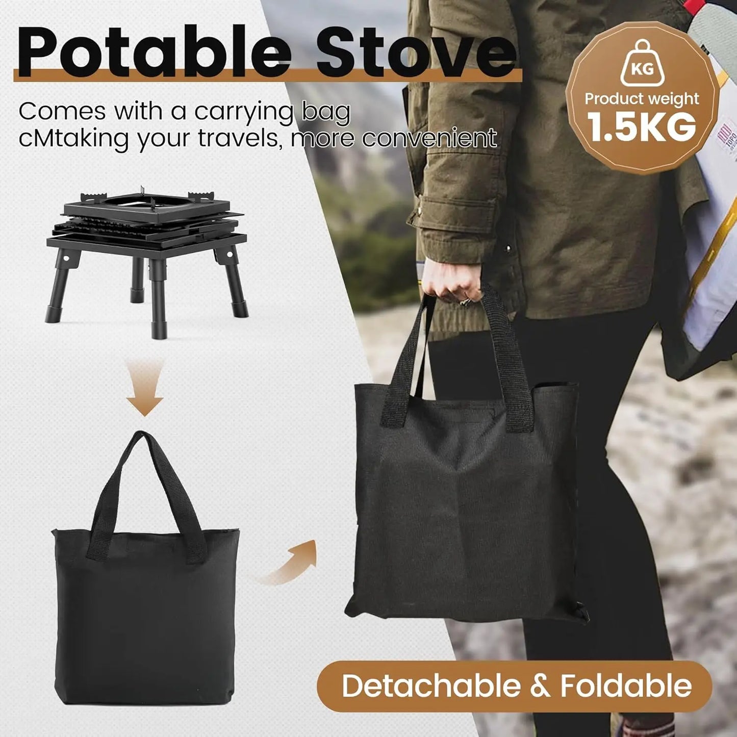 Beach Camp Stove Camping Wood Stove, Portable Wood Burning Stove, Backpacking Folding Camp Tent Heat Mini Outdoor Stove with Carrying Bag, for Co