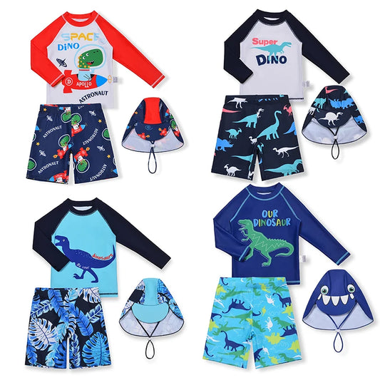 Beach Camp 3 Pcs Boy Swimsuit Sun Protection UPF 50+ Long Sleeve Swimming Sunsuit With Hat Split Cartoon Dinosaur Bathing Suits Children