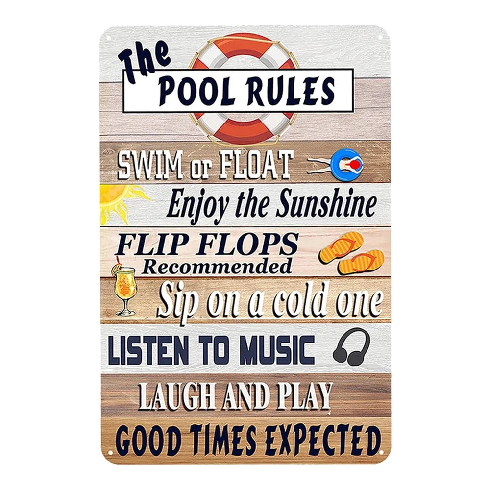 Beach camp Pool Rules Sign for Outdoor, Backyard Metal Swimming Pool Sign, No Diving No Running No Peeing No Lifeguard on Duty Sign