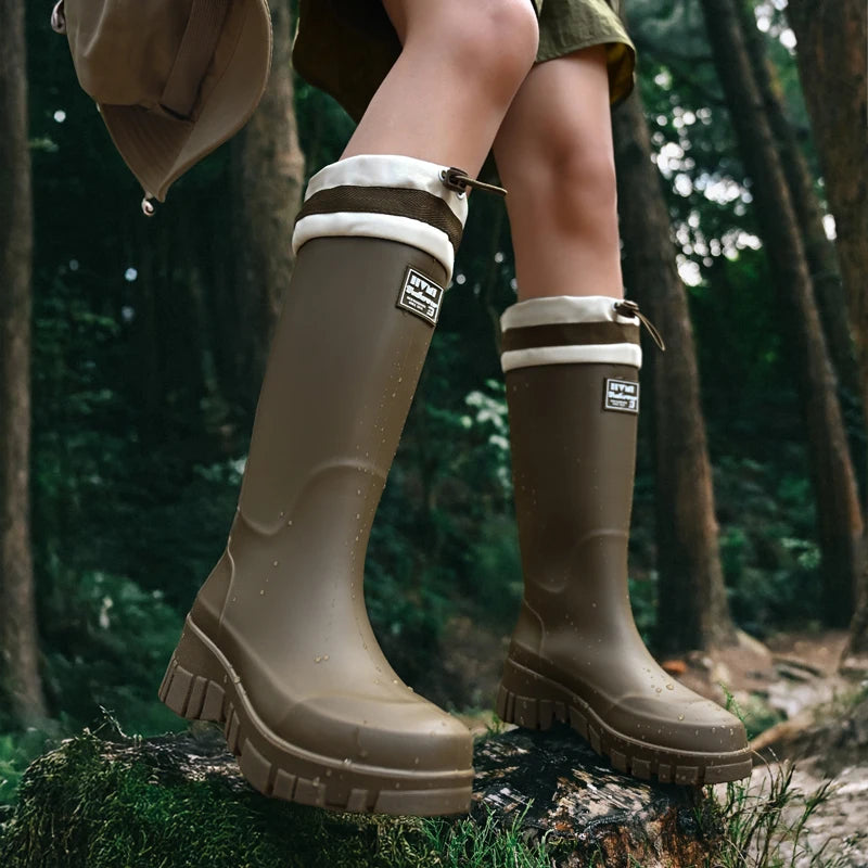 Women's Outdoor Thick-soled Cuffed Rain Boots: High-cylinder Waterproof Shoes for Camping, Beachcombing and Fishing