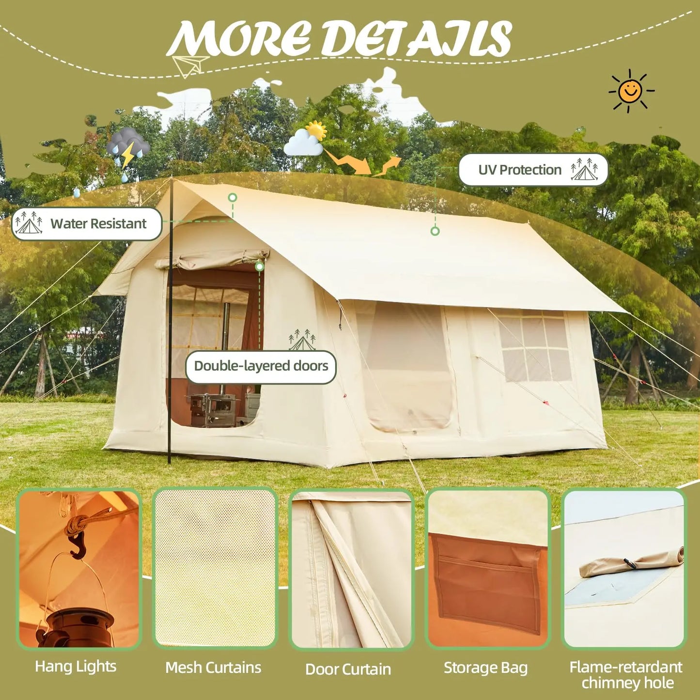 Beach Camp 129SqFt Large Inflatable Tent for Camping, blow up Tents with Canopy, Inflatable House Tent with Stove Jack,4 Season Glamping Tent