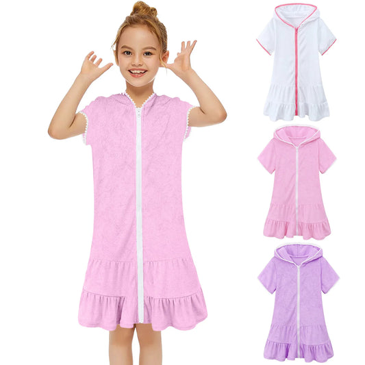 Beach Camp 3-11 Years Little Girls Swim Cover Up Kids Swimsuit Coverup Beach Bathing Suit Hooded Bathrobe Absorbent Terry Beach Dress New